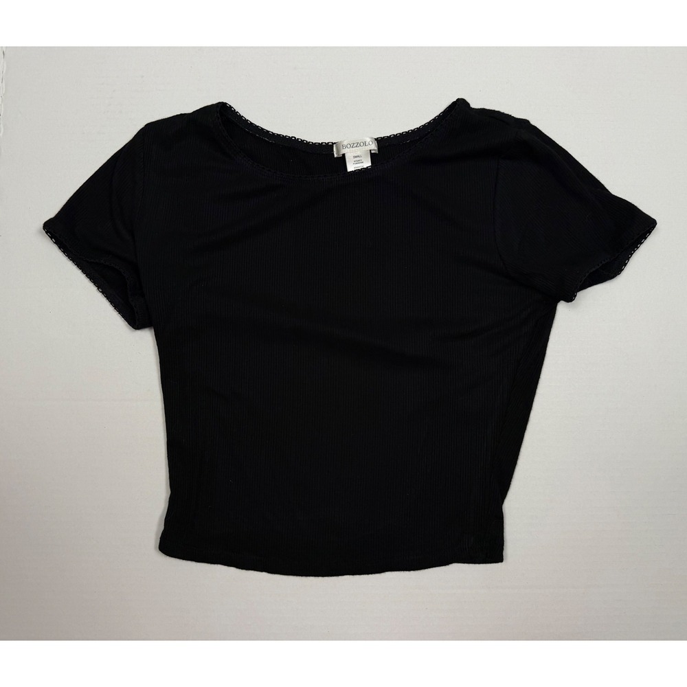Bozzolo Baby Tee Ribbed Knit Small Black Lace Trim Short Sleeve Slim Fit‎ Top